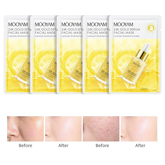 Facial Masks Skincare for Women,24K Gold Serum Moisturize Face Mask Sheet for Girl,Hydrating Face Mask for All Skin Types,Dry Skin & Sensitive Skin (10-Packs)
