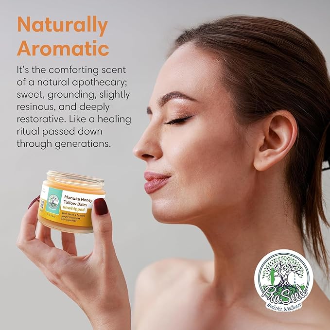 Manuka Honey Unwhipped Tallow Balm – Handmade Grass-Fed Beef Tallow with Frankincense, Vitamin E, Castor Oil, Buah Merah & Turmeric – Hydrates & Nourishes Skin for Men, Women & Kids – 2oz Glass Jar