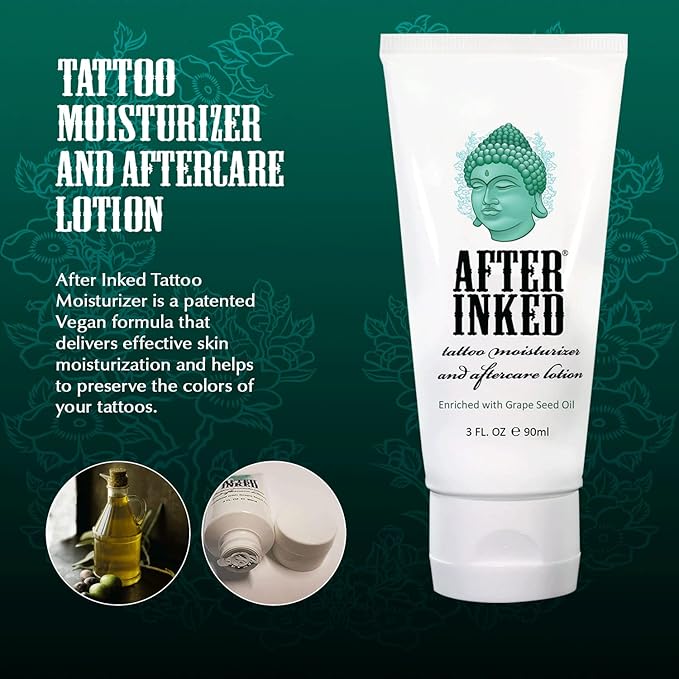 After Inked Tattoo Aftercare Lotion – Moisturizing Balm for Inked Skin, As Seen on INK MASTER – Hydrating Cream with Grape Seed Oil, Skin Nourishment & Daily Maintenance – 3 Fluid oz Tube (1-Pack)