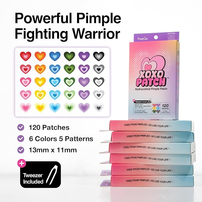 FreeGo XOXO Hydrocolloid Pimple Patch, 120 Counts | Cute Colorful Heart Shape | Salicylic Acid, Niacinamide, CICA, Tea Tree, Eucalyptus | Absorb, Heal Pimple and Protect Skin