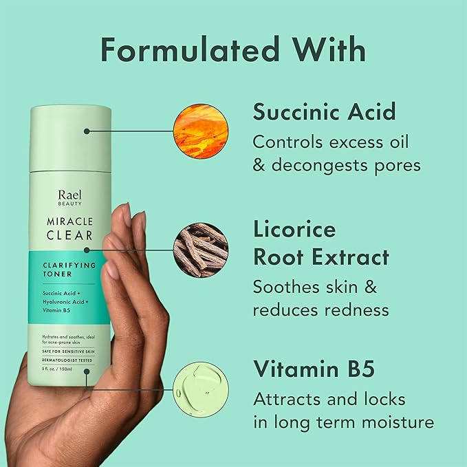 Rael Toner for Face, Miracle Clear - Reducing Pores and Oils with Succinic Acid, Hydrating Vitamin B5, Vegan, Korean Skin Care (5.1 fl oz)