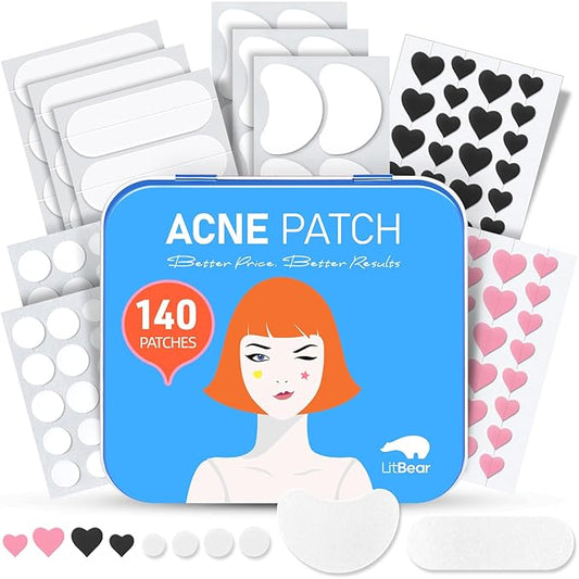 LitBear Acne Pimple Patch, 8 Sizes 140 Pcs Hydrocolloid Acne Patches with Storage Box, 24 XL Pimple Patches for Face, Chin, Nose, 4 Shapes Zits Patches for Blemish, dots with Tea Tree Oil & Cenrella