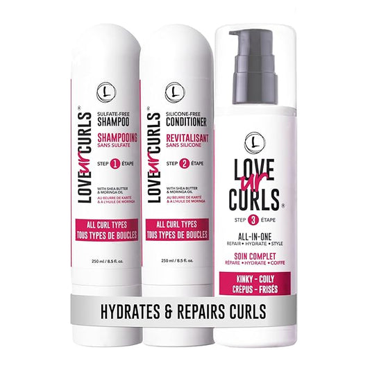 Love Ur Curls - Shampoo & Conditioner Set with All in One Curl Cream Styler for Kinky & Coily Hair, 3 Step System for Repair and Moisturizing