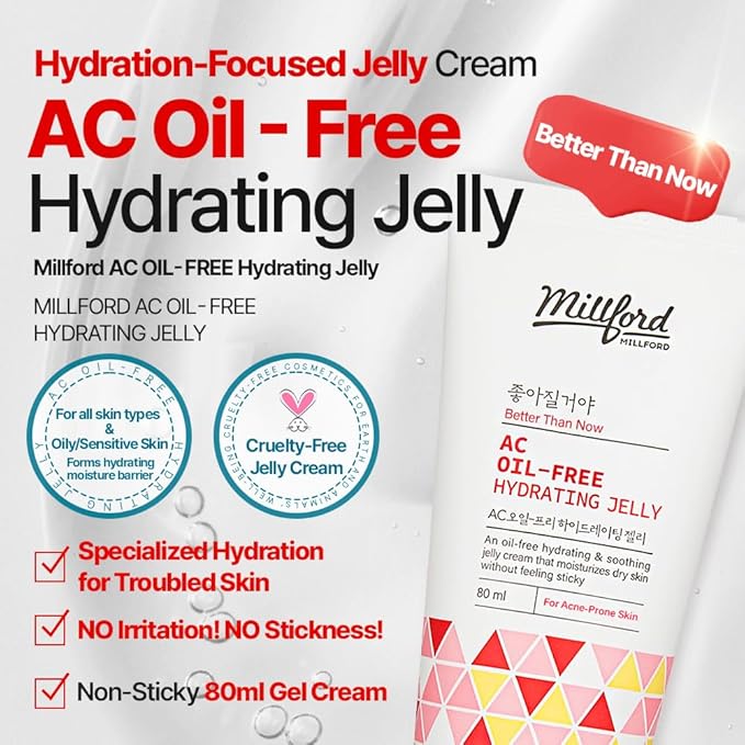 AC Oil-Free Hydrating Jelly 2.7Oz, 80ml, Oil Free Facial Moisturizer for Acne-Prone Skin, Niacinamide 2%, Unscented, Mild, Soothing Cream, Non Greasy Moisturizer, Korean Skincare
