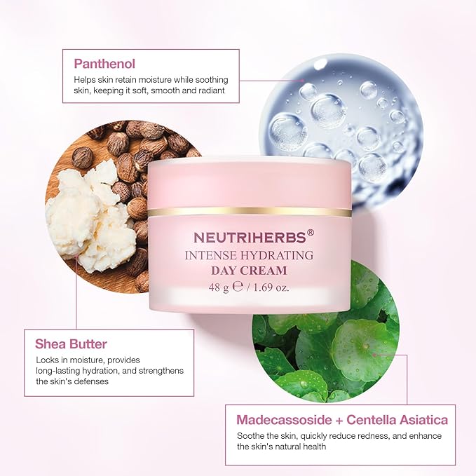 Neutriherbs Intense Hydrating Day Cream,Face Moisturizer with Hyaluronic Acid,Shea Butter,Centella,Sooth Nourish Moisturize Skin,Lightweight Face Cream for Dry or Sensitive Skin - 1.69oz