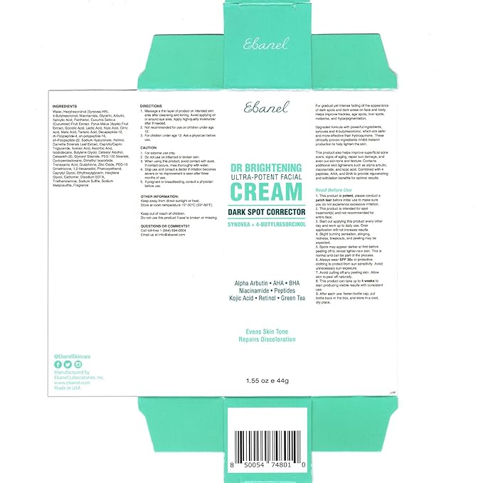 Ebanel Dark Spot Remover for Face & Body, Skin Brightening Cream with Synovea, Alpha Arbutin, Niacinamide, Kojic Acid, Dark Spot Corrector for Hyperpigmentation, Discoloration, Melasma, and Age Spots