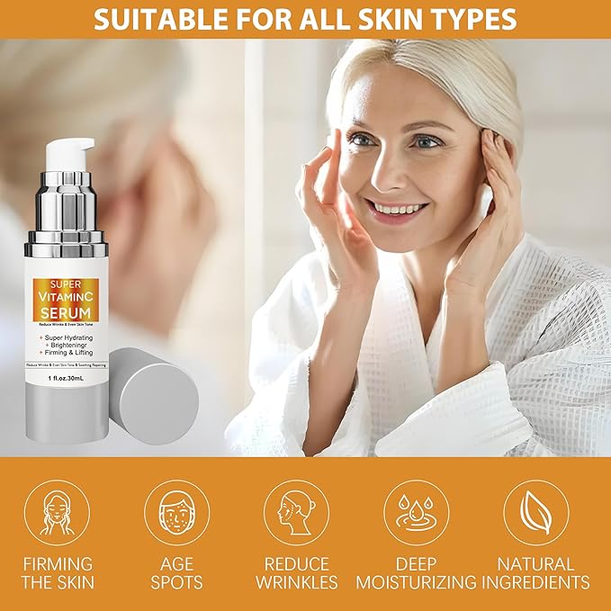 Super Vitamin C Serum for Women Over 70: Advanced Anti-Aging Vitamin C, Niacinamide, Vitamin E & Caffeine Formula,Hydrates, Firms, Lifts, Targets Wrinkles & Dark Spots, 1.0 fl. oz.