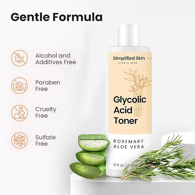 Glycolic Acid Toner for Face - 8% Facial Toning Solution - Hydrating, Anti-Aging, Exfoliates Skin with AHA, Aloe Vera, & Rosemary Extract for Women & Men - 8 Fl Oz