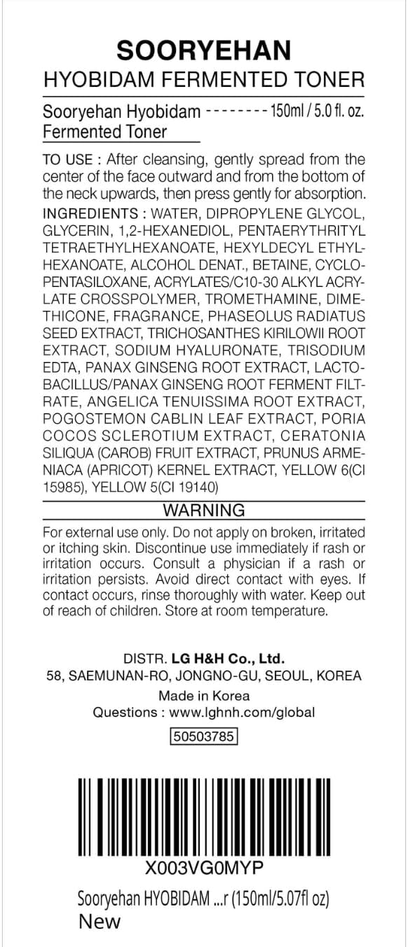 Sooryehan Hyobidam (Fermented Toner, 5.1fl oz) - Korean Skin Care. Highly Nourishing & Hydrating Toner for Firm Skin by LG Beauty. Wild Ginseng.