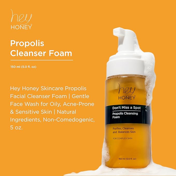 Hey Honey Skincare Propolis Facial Cleanser Foam Formula that Replenishes Skin Barrier | Gentle Face Wash for Oily, Acne-Prone & Sensitive Skin | Natural Ingredients, Non-Comedogenic | 5 oz