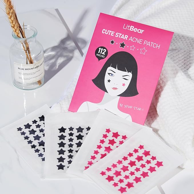 LitBear Star Pimple Patches, Black & Pink Hydrocolloid Acne Patch with Tea Tree Oil & Centella, Cute Pimple Stickers Zits Patch For Face Blemished Spot Patch Acne Dots, 112 Patches, 14mm & 10mm