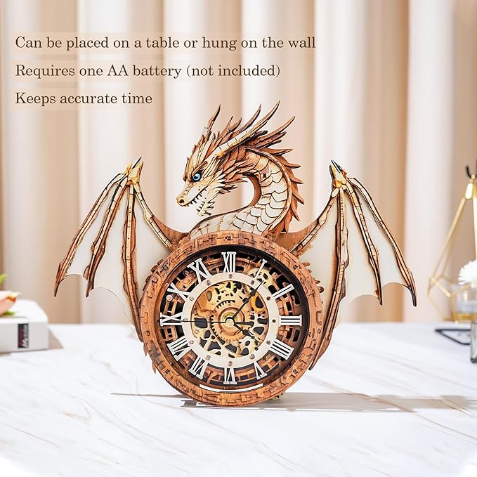 Kosmickiss 3D Wooden Puzzles Model Kits Dragon Clock for Adults, 3D Building Models DIY Crafts for Women Men, Wall Clock Puzzle Birthday Gift for Adults Home Decor