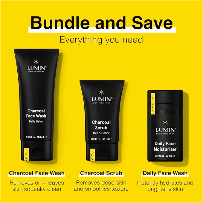 Lumin - Smooth Operator Detox - Men's skincare kit, Includes: Charcoal Face Wash Daily Detox, Charcoal Scrub Deep Detox & Daily Face Moisturizer, Suitable for all skin types, Two Month Supply