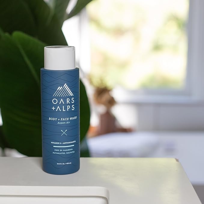 Oars + Alps Mens Moisturizing Body and Face Wash, Skin Care Infused with Vitamin E and Antioxidants, Sulfate Free, Aspen Air, 2 Pack