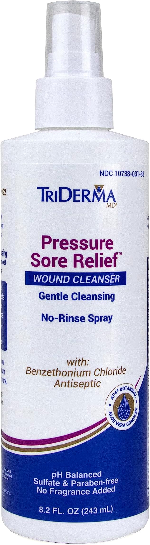 TriDerma Pressure Sore Relief Wound Cleanser, Gentle Cleansing for Bed Sores, Ulcers, Pressure Sores, Wounds and Hard-to-Heal Skin Sores with AP4 Aloe Vera and Niacinamide, Fragrance Free 8.2 oz Spray