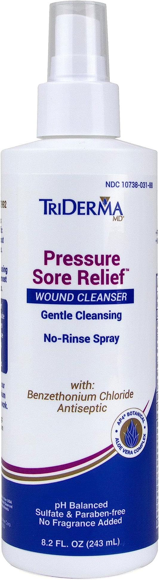 TriDerma Pressure Sore Relief Wound Cleanser, Gentle Cleansing for Bed Sores, Ulcers, Pressure Sores, Wounds and Hard-to-Heal Skin Sores with AP4 Aloe Vera and Niacinamide, Fragrance Free 8.2 oz Spray