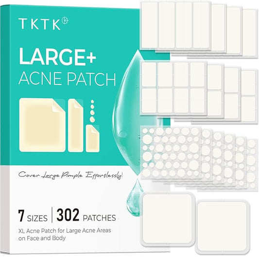 TKTK Large Pimple Patches for Face, 7 Sizes XL Acne Patches, Big Hydrocolloid Bandages for Body, Chin, Forehead, Chest, Back Zit Breakouts, Hydrocolloid Patch (Strip, Square, Dot 302 Count)