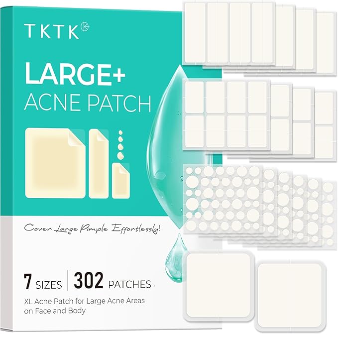 TKTK Large Pimple Patches for Face, 7 Sizes XL Acne Patches, Big Hydrocolloid Bandages for Body, Chin, Forehead, Chest, Back Zit Breakouts, Hydrocolloid Patch (Strip, Square, Dot 302 Count)