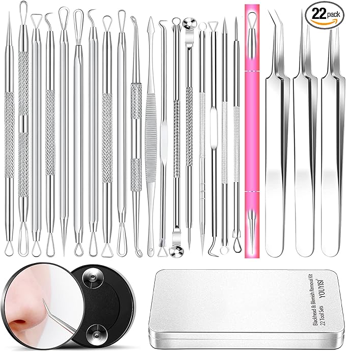 2025 Professional Pimple Popper Tool Kit - 22 PCS Blackhead Remover Tools for Acne and Zit Popping Comedone Extractor with Magnifying Glass