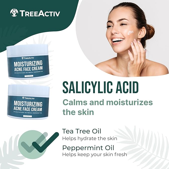 TreeActiv Acne Cream Original Formula, 2 fl oz, 2% Salicylic Acid Face Moisturizer for Oily Skin, Skin Care Acne Formula for Cystic Acne Treatment, Hydrating Face Moisturizer for Acne Prone Skin