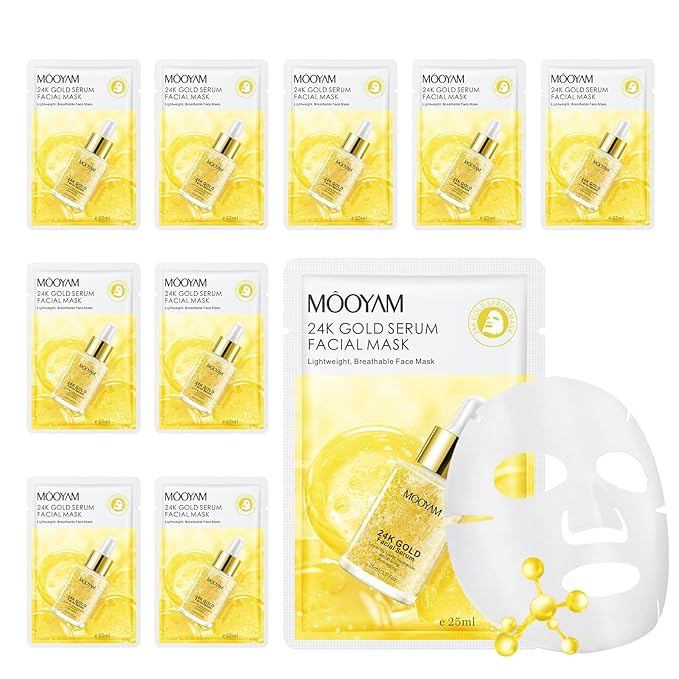 Facial Masks Skincare for Women,24K Gold Serum Moisturize Face Mask Sheet for Girl,Hydrating Face Mask for All Skin Types,Dry Skin & Sensitive Skin (10-Packs)