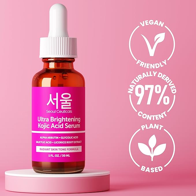 SeoulCeuticals Korean Skin Care Kojic Acid Serum Alpha Arbutin – Dark Spot Remover Corrector Glycolic Acid + Salicylic Acid K Beauty 1oz