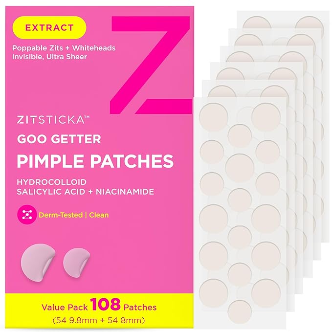 ZitSticka Pimple Patches for Face and Body, Hydrocolloid Patches to Cover Zits & Blemishes, Acne Patches or Zit Spot Stickers, Body Blemish Patch (GOO GETTER 108 Pack)