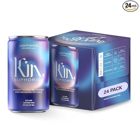 Kin Euphorics Lightwave Non-Alcoholic Functional Beverage | Calm the Mind & Mellow the Mood | Adaptogens, Nootropics, Reishi Mushroom & L-Theanine | 8 Fl Oz (24pk)