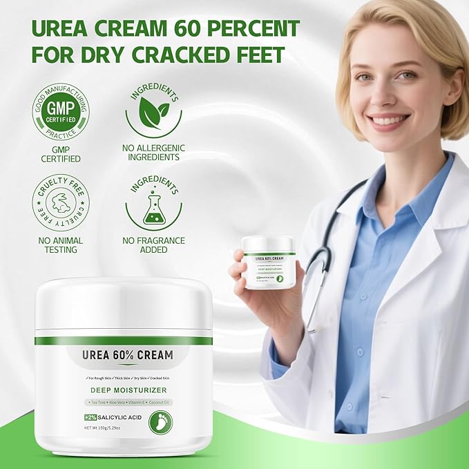 Urea Cream 60 Percent for Feet, Urea Foot Cream for Dry Cracked Heels and Feet, Cracked Heel Repair Cream, Foot Moisturiser, 5.29oz/150g