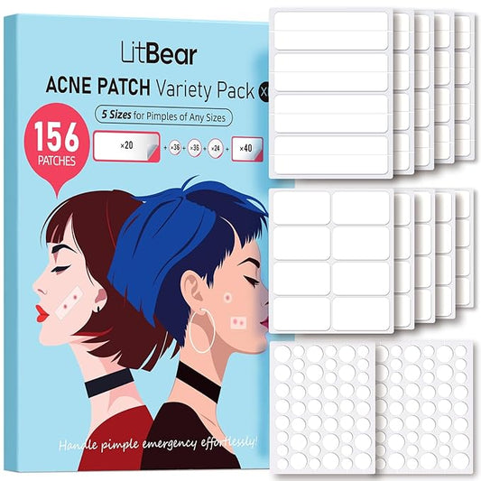 LitBear Large Pimple Patches, 5 Sizes 156 Patches Big Acne Patch, 60 XL Hydrocolloid Patch for Full Face, Forehead, Chin, Nose, Body, Back, Neck & Chest, Stirp, Square Large Hydrocolloid Bandages