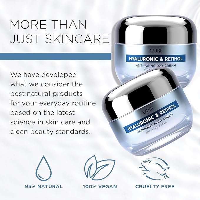 Azure Cosmetics Hyaluronic Acid Moisturizer Face Cream - Dermatologist Tested, Anti-Aging Retinol Cream for Dark Spots, Fine Lines & Wrinkles - Clean Beauty, Korean Skincare - Day & Night Duo Set