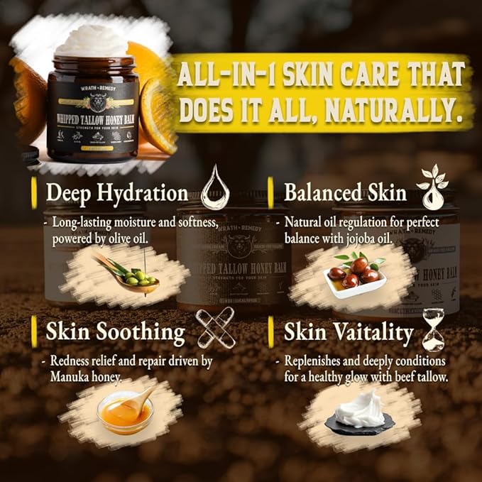 Wrath & Remedy Handmade Whipped Organic Beef Tallow for Skin - 4 OZ (Citrus) — Grass Fed Beef Tallow Moisturizer and Honey Balm for Silky, Sensitive-Skin, Eczema, Rosacea - Free of Harsh Chemicals