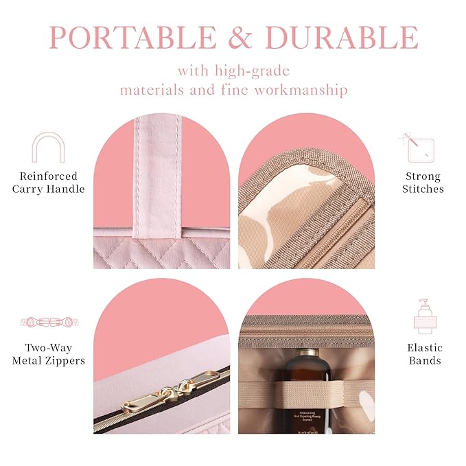 HOTOR Travel Toiletry Bag w/Hanging Hook - Spacious Toiletry Bag Essentials for Women & Men, Makeup Bag/Big Comparment, Waterproof for Travel Accessories, Medium, Pink