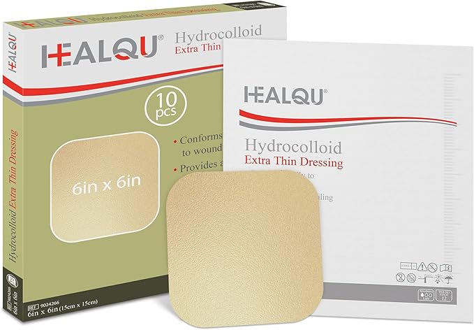 Healqu Hydrocolloid Wound Dressing - 6x6" Thin - Box of 10 Large Bandages - Sterilized Bordered Hydrocolloid Patches for Bed Sores, Abrasions, and More - Waterproof and Absorbent with Protective