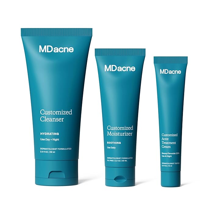 MDacne 3 Step Benzoyl Peroxide Acne Kit - Benzoyl Peroxide Cream 2.5%, Salicylic Acid Cleanser, Niacinamide Moisturizer - Medicated Plant-Based kit for Adult & Teen Acne, 60 Day Kit + Pimple Patches