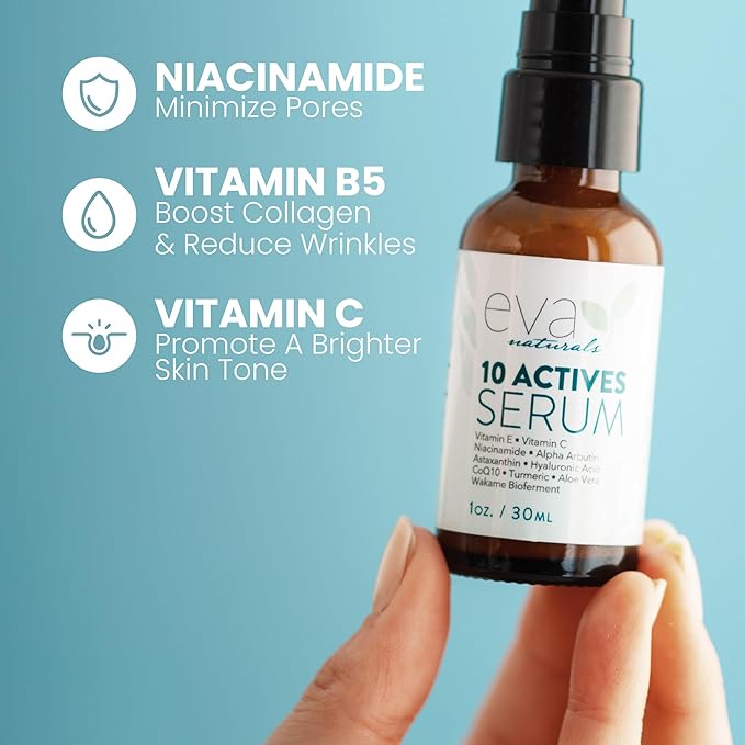 Eva Naturals 10 Actives Serum – Vitamin C, Niacinamide, Hyaluronic Acid, Turmeric, CoQ10 – Natural Anti Aging Face Serum for Dark Spots, Wrinkles, Acne, Skin Care & Facial Spot Remover