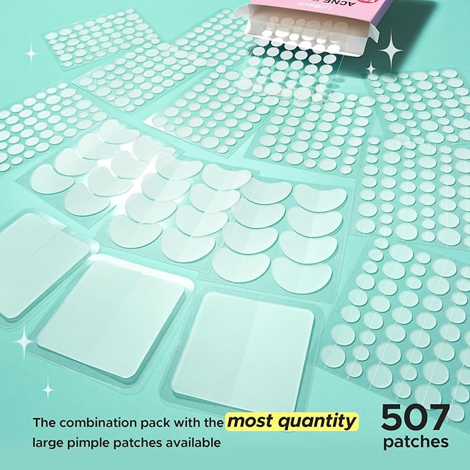 LitBear Pimple Patches for Face, Large Acne Patch, XL Hydrocolloid Bandages,Zit Stickers for Forehead, Chin, Nose, Body, Back, and Chest, Includes Crescent, Square, and Dot (5 Sizes, 507 Patches)