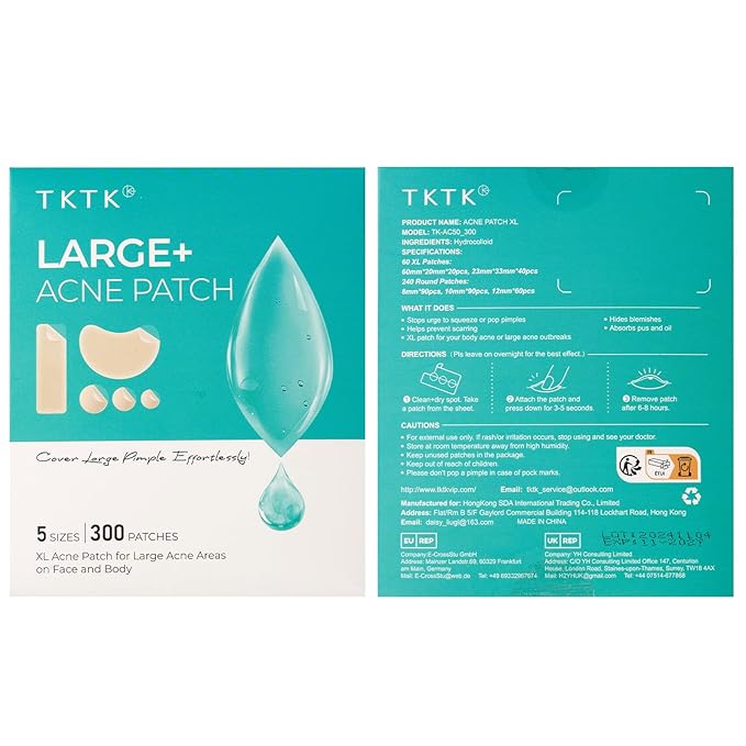 TKTK Large Pimple Patches for Face, XL Acne Patches 60 x 20 mm, Big Hydrocolloid Bandages for Body, Forehead, Chin, Neck Zit Breakouts, Hydrocolloid Patch (Strip, Contoured, Dot 5 Sizes 300 Count)