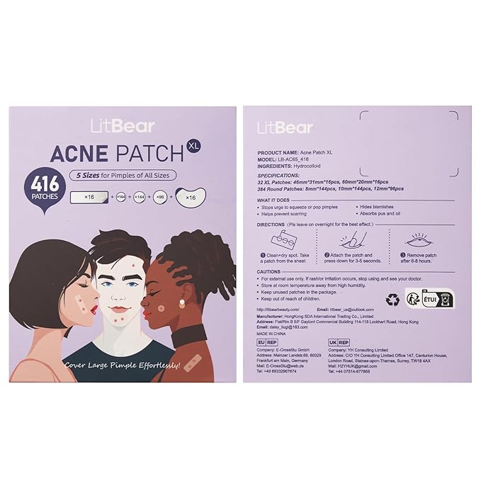LitBear Large Pimple Patches, 5 Size 416 Count Big Acne Patches for Face, Chin, Forehead and Body, Zit Patches for Dots, Blemishes and Large Breakouts, Hydrocolloid Patch (XL Strip, Contoured, Round)