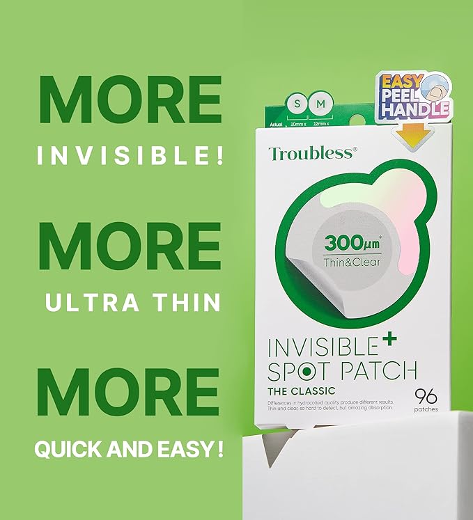 Troubless Invisible Pimple Spot Patch - Classic, Hydrocolloid Acne Patches for Face | Ultra Thin Acne Patches with Easy Peel Handle | Overnight Pimple Patches | 2 Sizes, 96 Count (Pack of 1)