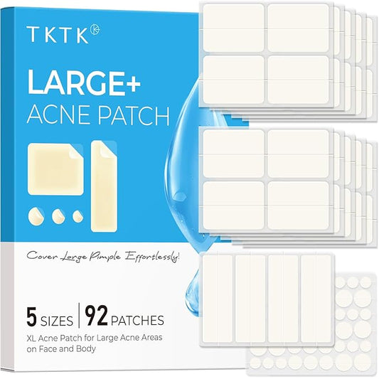 TKTK Large Pimple Patches (5 Sizes, 92 Patches), Hydrocolloid Acne Patches, XL Zit Patches for Face, Forehead, Chin, Nose, Body, Back, Chest, Rectangular, Square, and Dot Hydrocolloid Bandages
