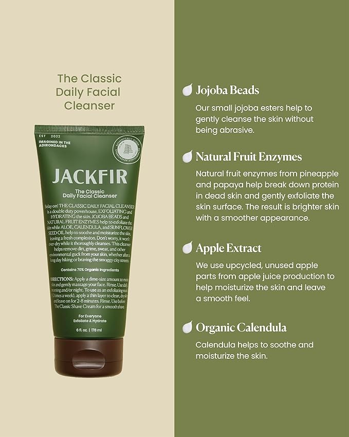 The Classic Daily Facial Cleanser, Natural Face Wash for Men, Exfoliate and Hydrate - Jojoba Beads and Fruit Enyzmes, EWG Verified, Organic Ingredients, For All Skin Types, 6 Fl Oz