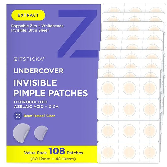 ZitSticka Invisible Pimple Patches for Face, Hydrocolloid Patches, Ultra-Thin Clear with Azelaic Acid & CICA Blemish Patch, Pimple Stickers (UNDERCOVER 108ct)