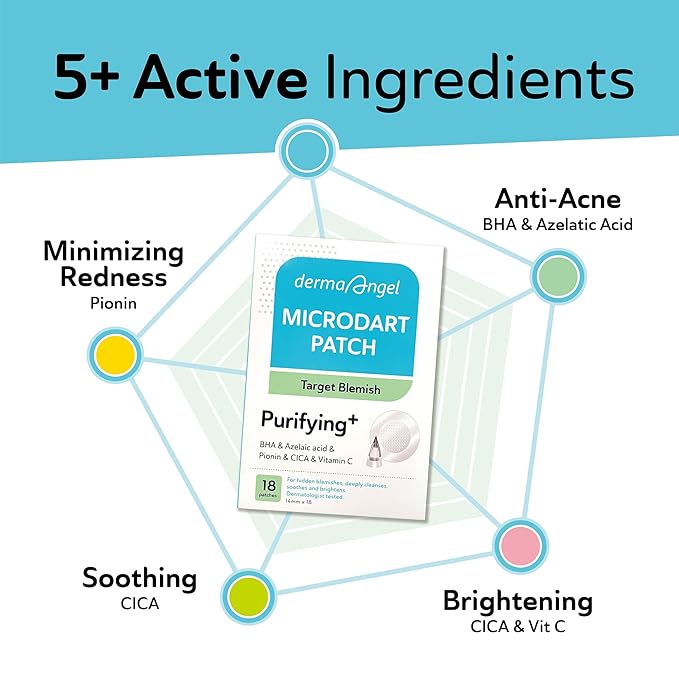 Microdart Acne Patches for Deep Blemishes - 18 Pimple Patches - Hydrocolloid Pimple Patch with Salicylic Acid, Azelaic Acid, CICA & Vitamin C - Targets Stubborn Blemishes Dark Spots & Cystic Acne