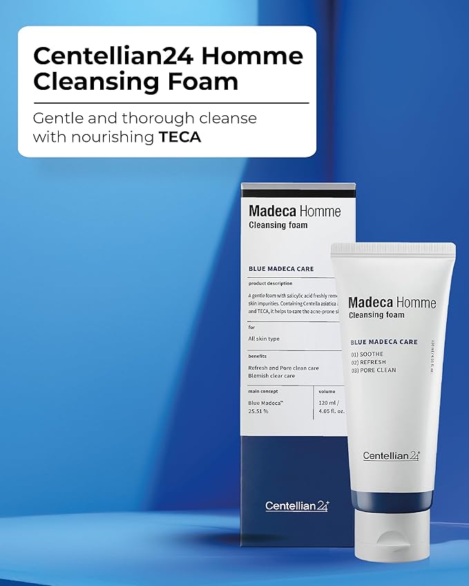 CENTELLIAN 24 Homme Cleansing Foam with TECA and Centella Asiatica for Soothing, Refreshing, and Pore-Cleaning - Gentle Daily Face Wash & Shave for Men for Sensitive Acne Prone Oily Skin (4.05 fl oz)