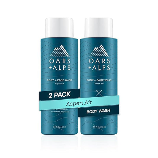 Oars + Alps Mens Moisturizing Body and Face Wash, Skin Care Infused with Vitamin E and Antioxidants, Sulfate Free, Aspen Air, 2 Pack