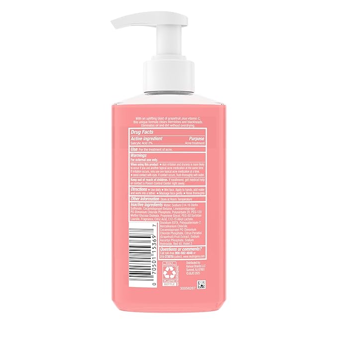 Neutrogena Oil-Free Pink Grapefruit Acne Face Wash, Vitamin C & Salicylic Acid Cleanser, Daily Acne Treatment For Face, Blemish & Blackhead Clearing Facial Cleanser, 9.1 fl. oz
