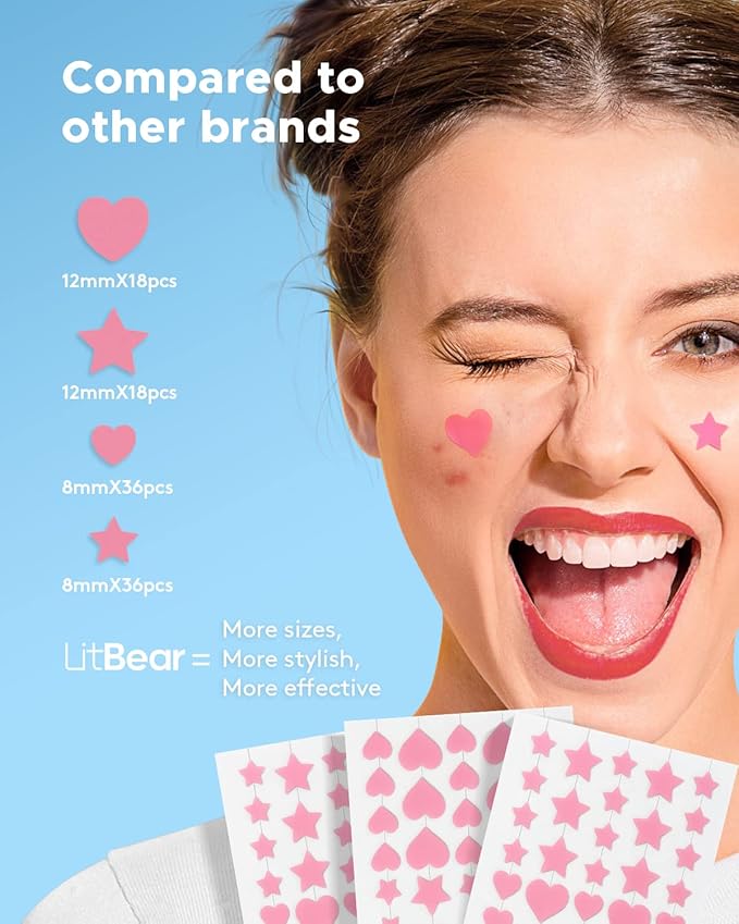 LitBear Acne Patch Pimple Patch, Pink Heart & Star Shaped Absorbing Cover Hydrocolloid Patches For Face Zit, Acne Dots, Tea Tree Oil + Centella (108 Count (Pack of 1))