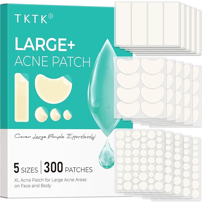 TKTK Large Pimple Patches for Face, XL Acne Patches 60 x 20 mm, Big Hydrocolloid Bandages for Body, Forehead, Chin, Neck Zit Breakouts, Hydrocolloid Patch (Strip, Contoured, Dot 5 Sizes 300 Count)