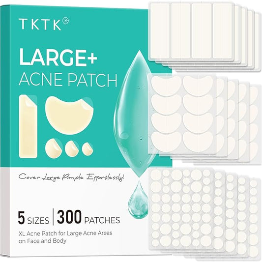 TKTK Large Pimple Patches for Face, XL Acne Patches 60 x 20 mm, Big Hydrocolloid Bandages for Body, Forehead, Chin, Neck Zit Breakouts, Hydrocolloid Patch (Strip, Contoured, Dot 5 Sizes 300 Count)